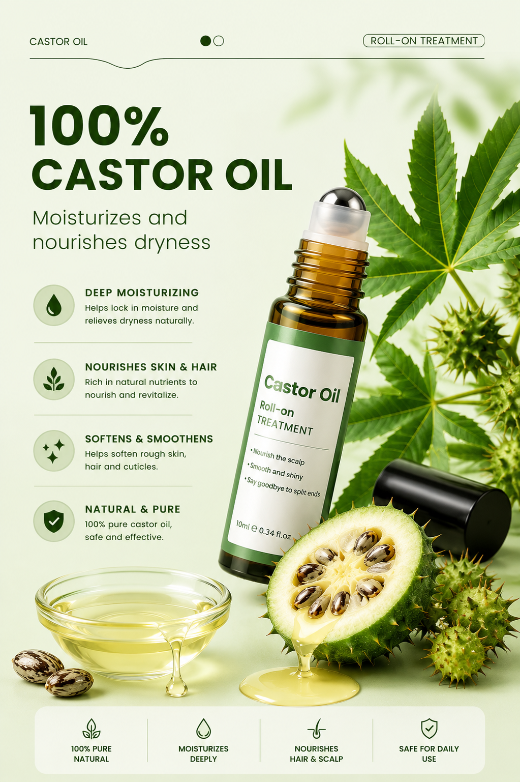 Castor Oil Roll-On Essential Oil 10ml Portable Hair Care Growth & Regeneration Serum Scalp Nourishing Oi