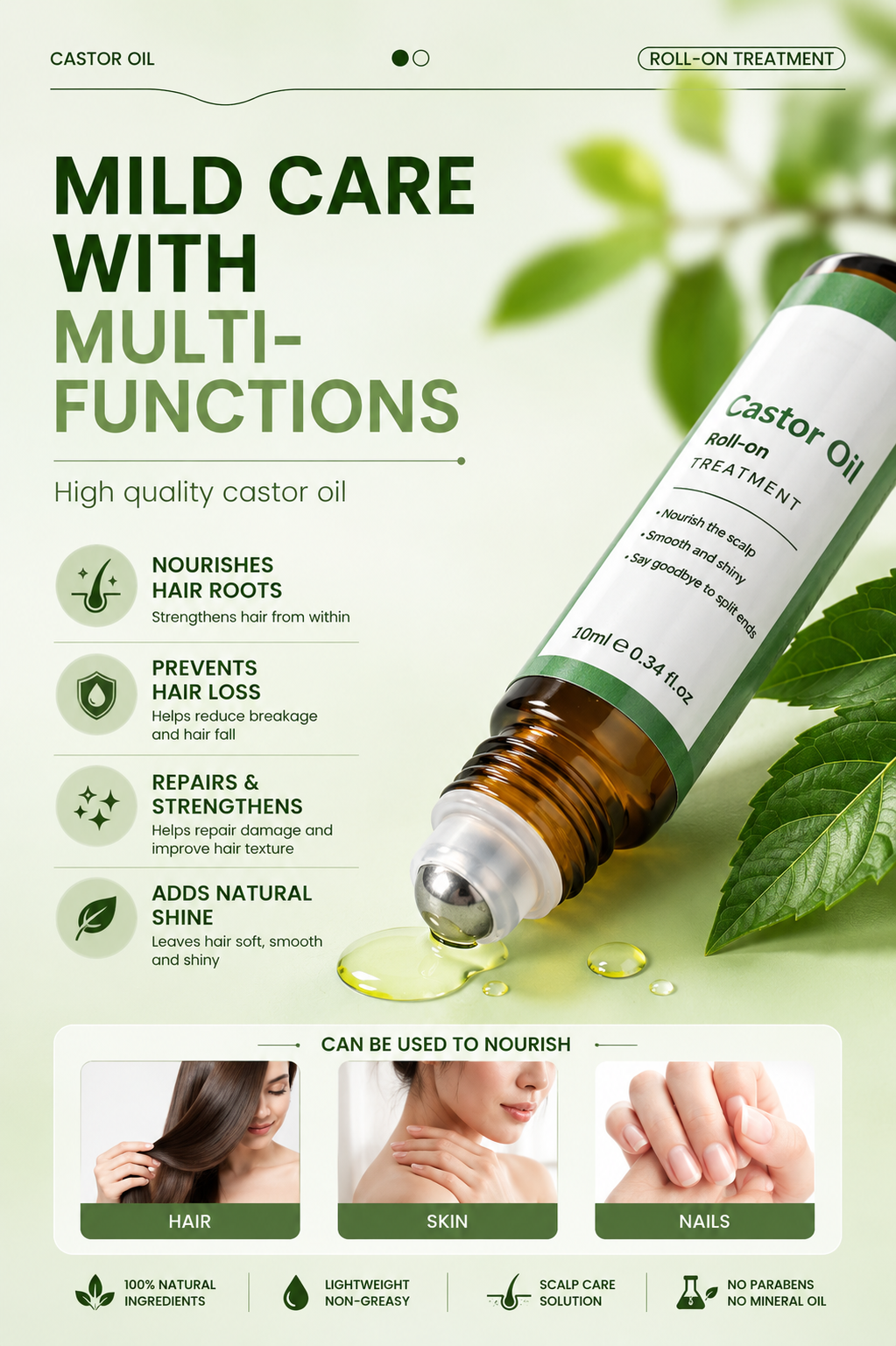 Castor Oil Roll-On Essential Oil 10ml Portable Hair Care Growth & Regeneration Serum Scalp Nourishing Oi