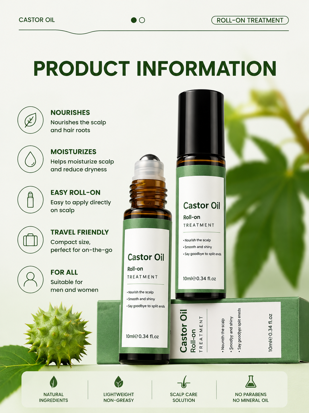 Castor Oil Roll-On Essential Oil 10ml Portable Hair Care Growth & Regeneration Serum Scalp Nourishing Oi