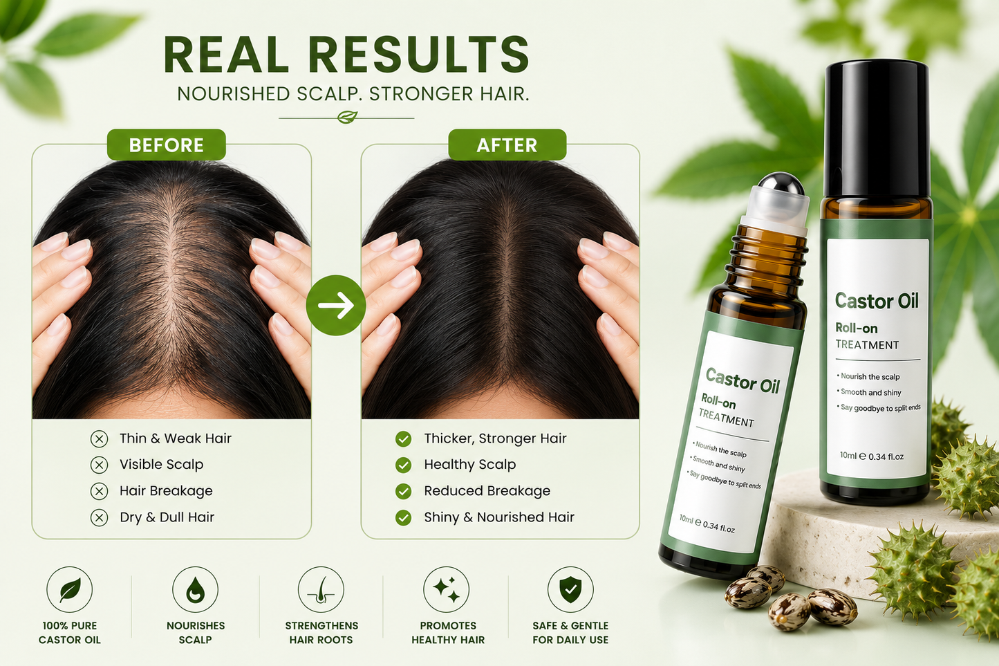 Castor Oil Roll-On Essential Oil 10ml Portable Hair Care Growth & Regeneration Serum Scalp Nourishing Oi