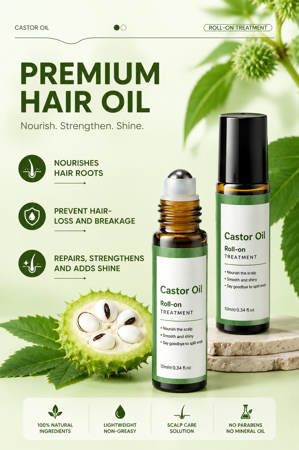 Castor Oil Roll-On Essential Oil 10ml Portable Hair Care Growth & Regeneration Serum Scalp Nourishing Oi