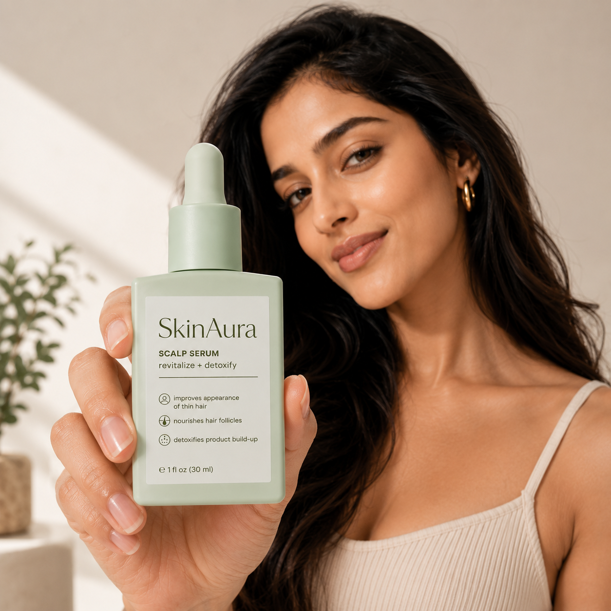 Novacrest Skin Aura Scalp Serum with 24K gold foil, Vitamin E, and Retinol in a 30mL bottle for healthy scalp care.