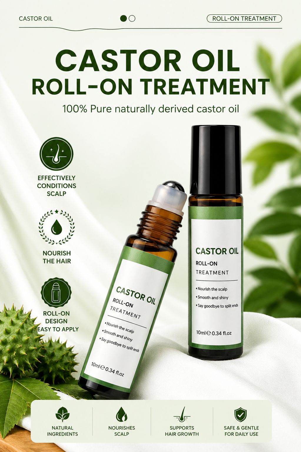 Castor Oil Roll-On Essential Oil 10ml Portable Hair Care Growth & Regeneration Serum Scalp Nourishing Oi