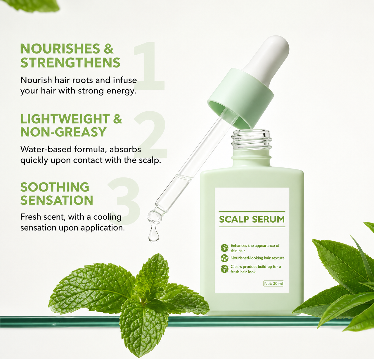 Novacrest Skin Aura Scalp Serum with 24K gold foil, vitamin E and retinol in a 30mL bottle, designed for scalp nourishment.